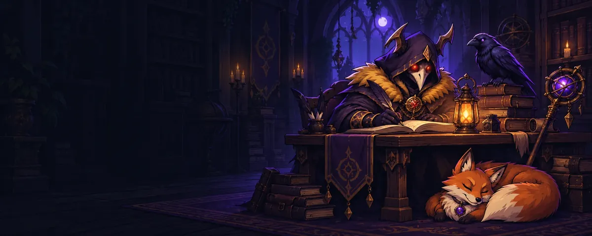 Dethyan writes his chronicles by lantern light, with Rook and Veyra in his magical archive