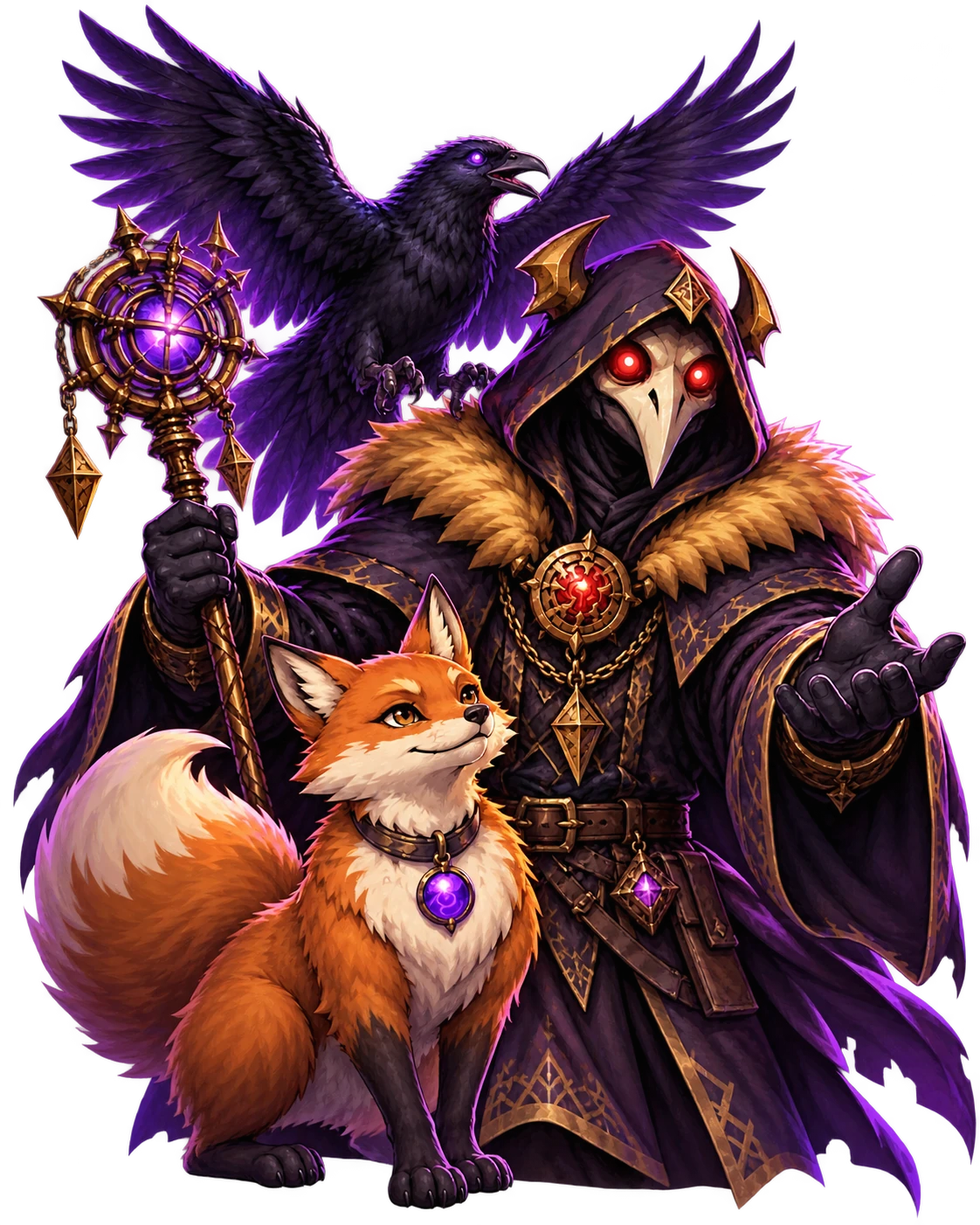 Dethyan the warlock, with Veyra in the foreground and Rook above with wings spread.
