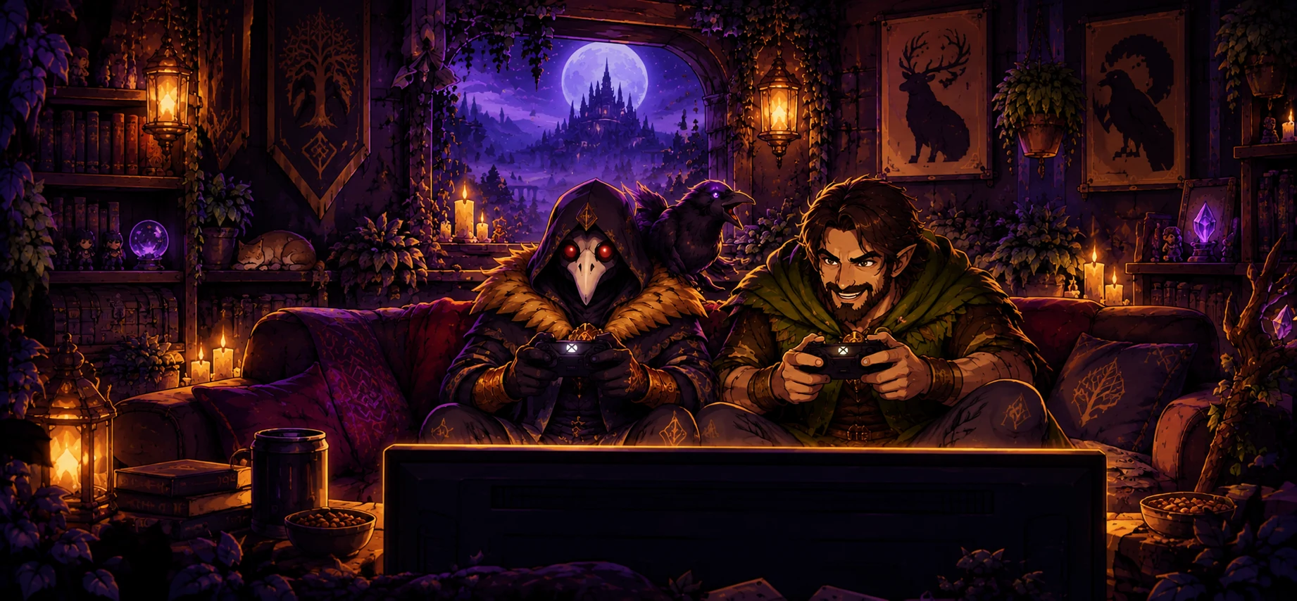Dethyan and Mizuni playing video games in an arcane lounge