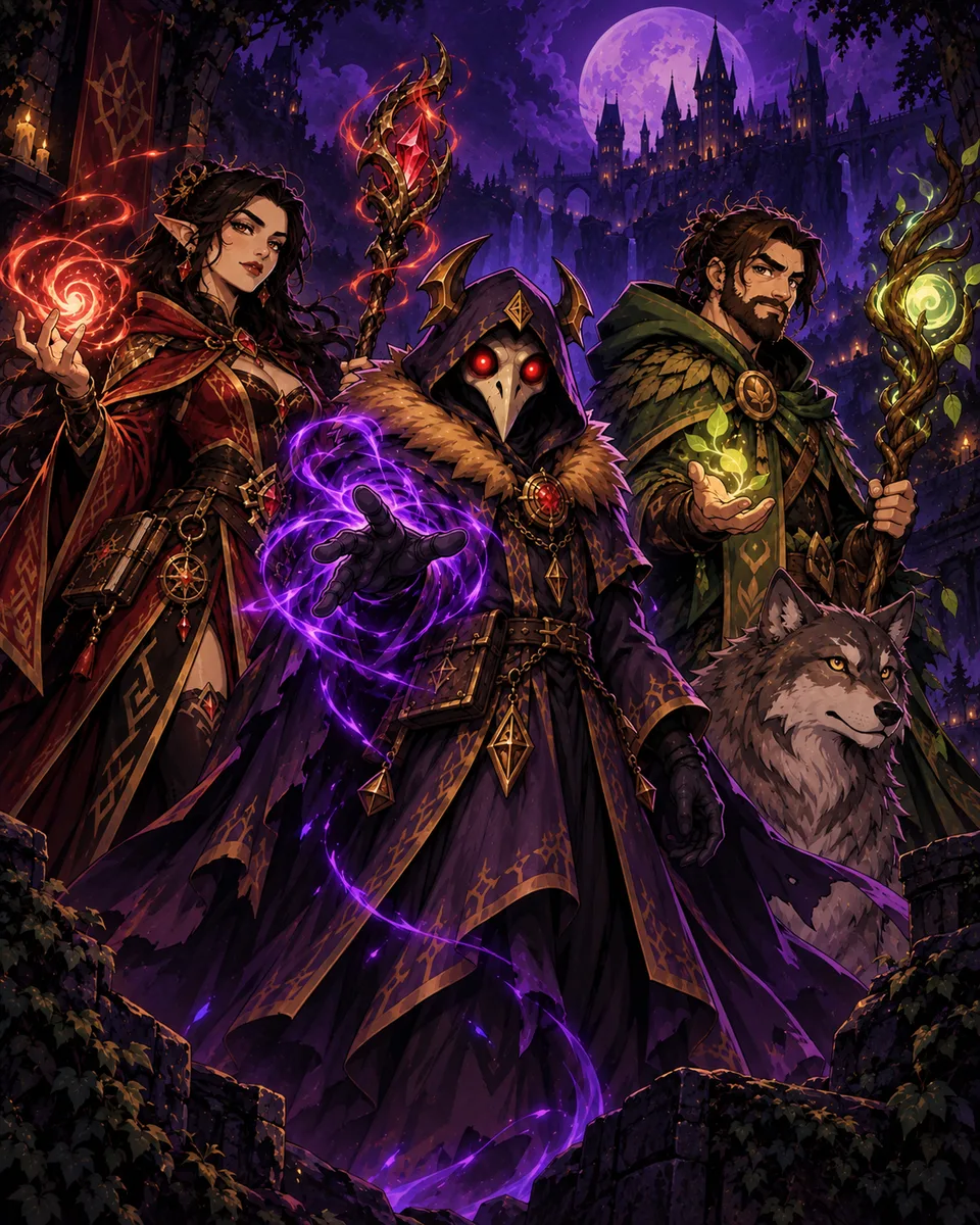 Mags on the left, Dethyan in the center and Mizuni on the right, beneath a purple moon